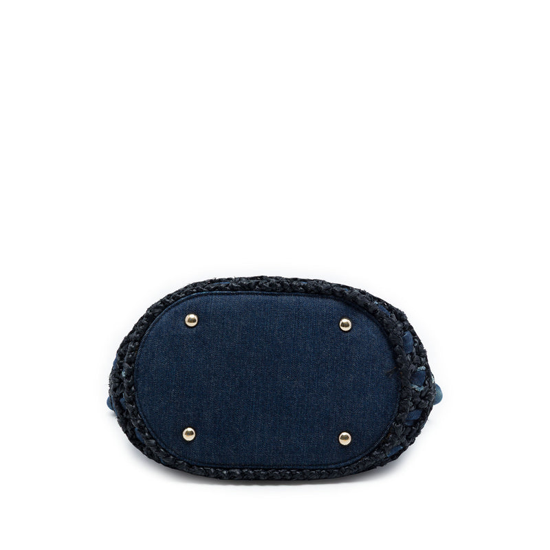 CC Woven Denim and Raffia Drawstring Bucket Bag - Image 3