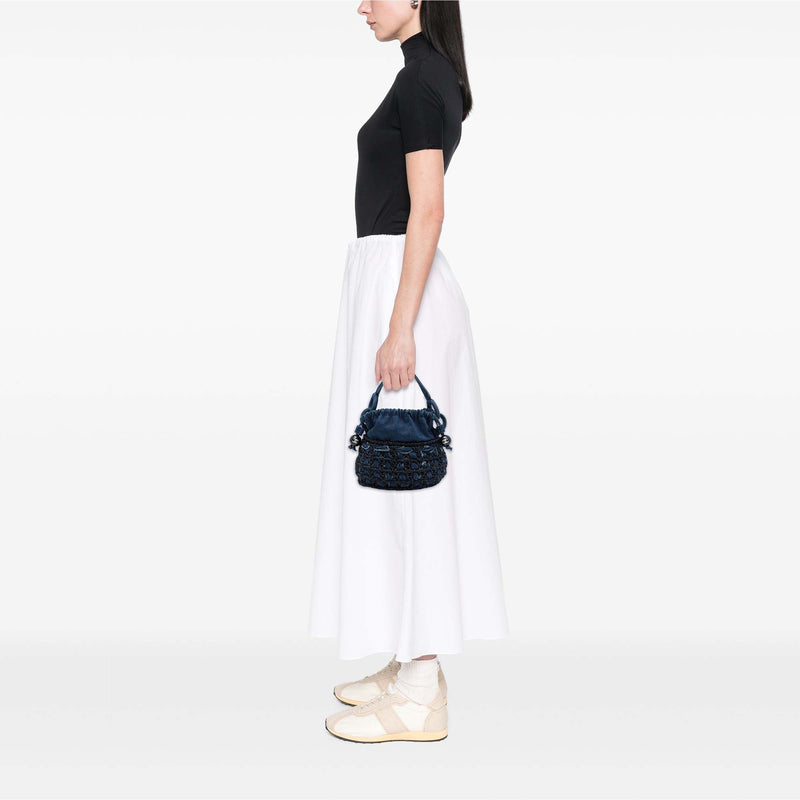 CC Woven Denim and Raffia Drawstring Bucket Bag - Image 6