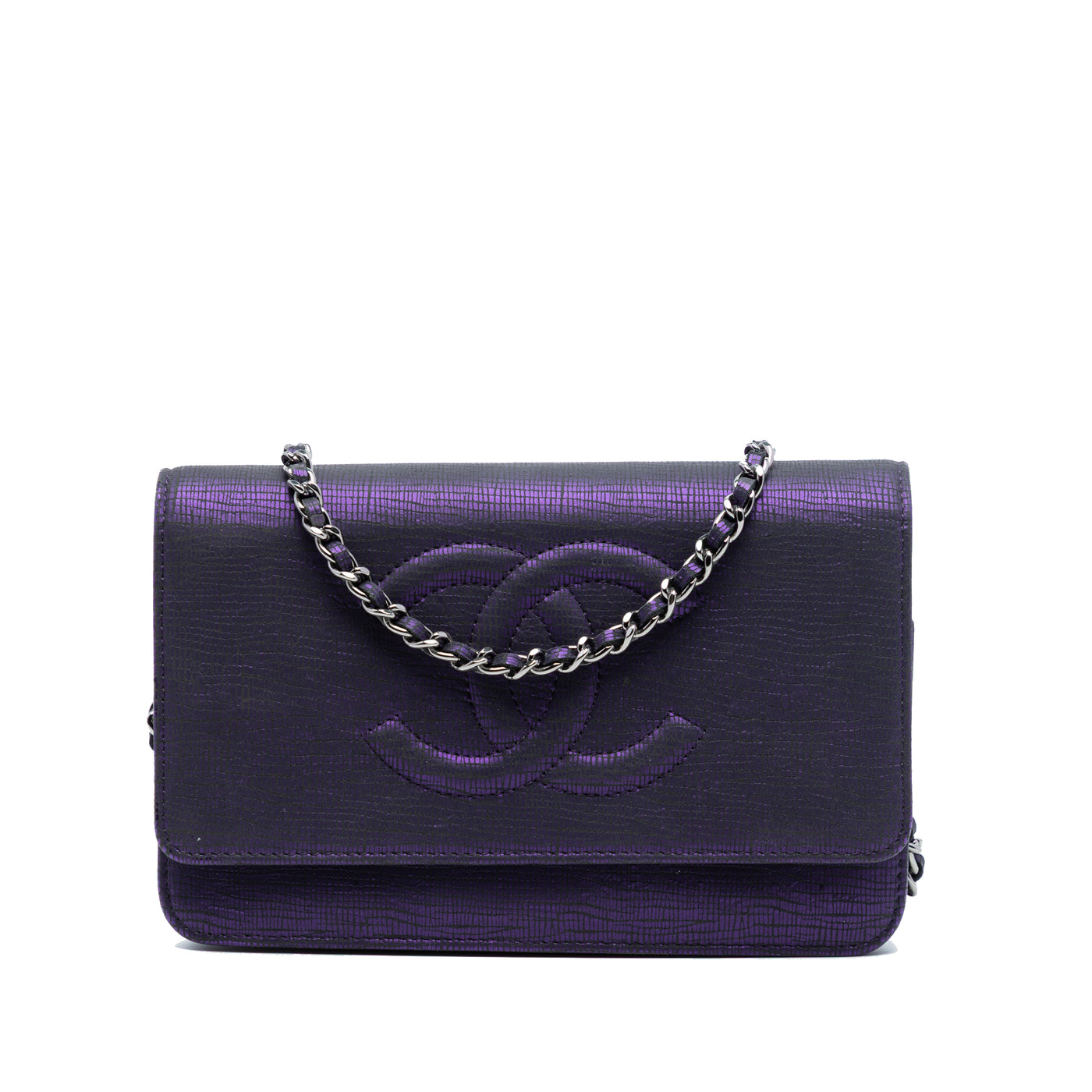 CC Metallic Crackling Lizard Printed Leather Wallet on Chain - Image 1
