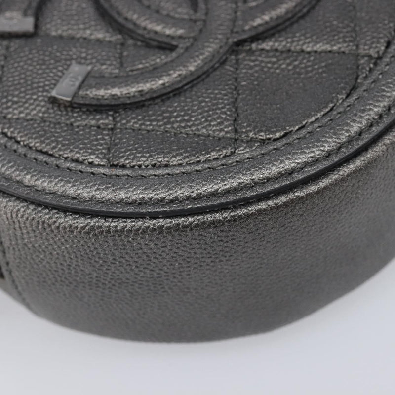 Chanel Filigree Round Clutch With Chain Quilted Iridescent Caviar Gray Leather