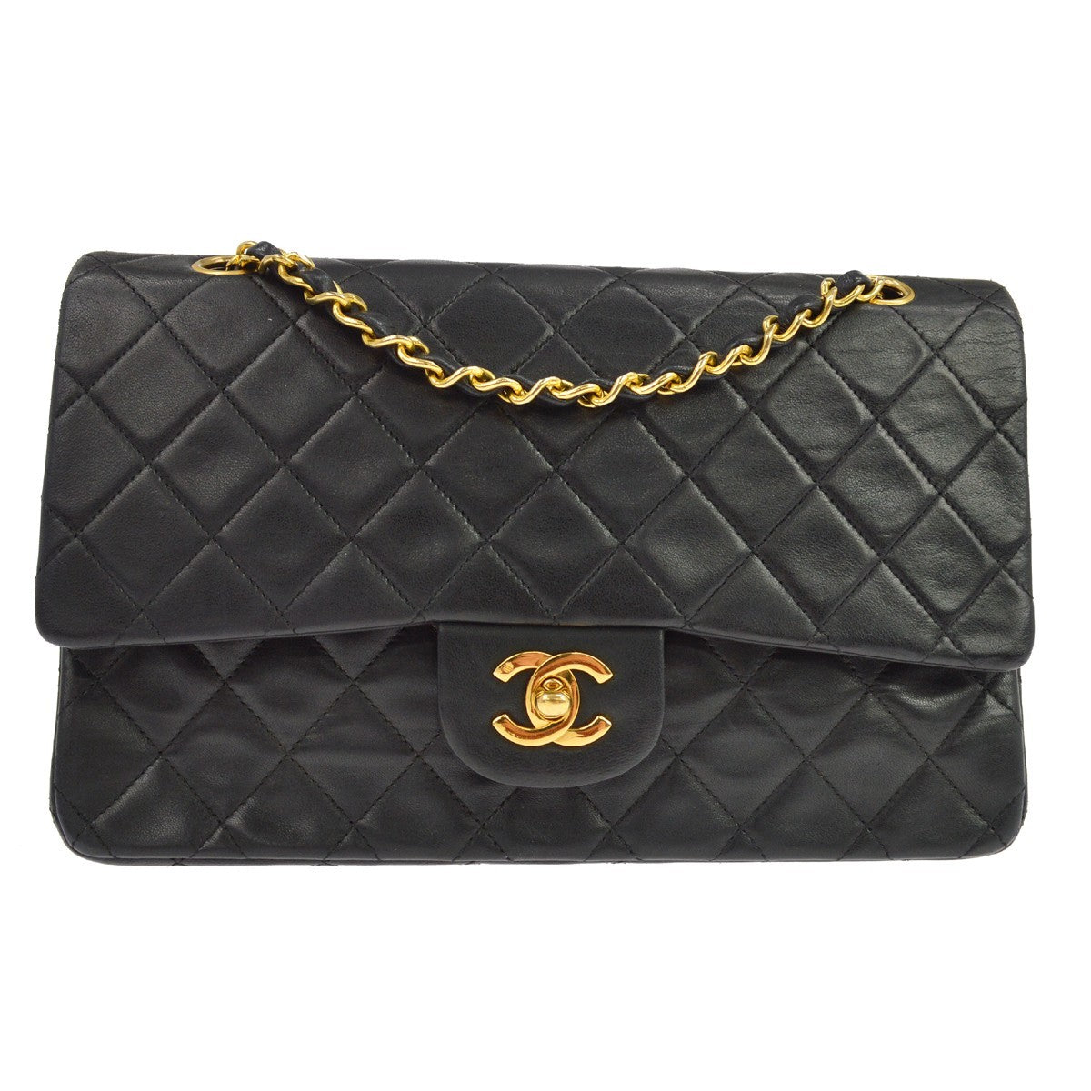 Chanel Vintage Classic Double Flap Quilted Lambskin Black Leather Bag