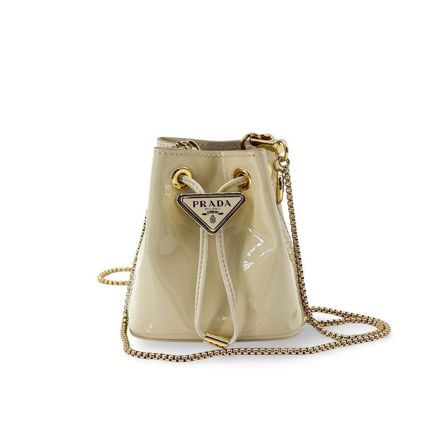 Prada Triangle Logo Drawstring Pouch Bucket Patent Beige Patent_leather