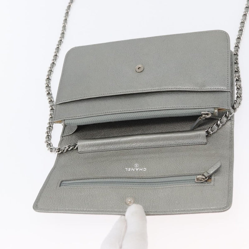 Chanel Round Cc Wallet On Chain Goatskin Silver Leather Bag