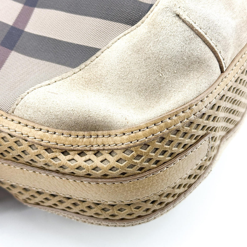 Burberry Ashwood Convertible Hobo House Check Canvas Beige Suede