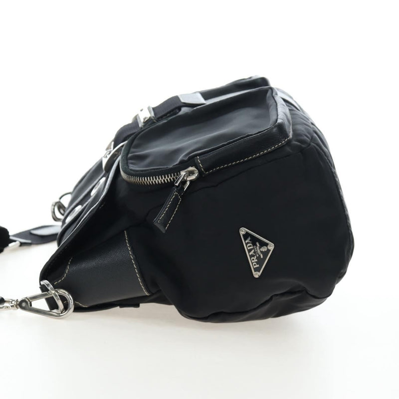 Prada Double Pocket Buckle Flap Tessuto And Leather Black Nylon Bag
