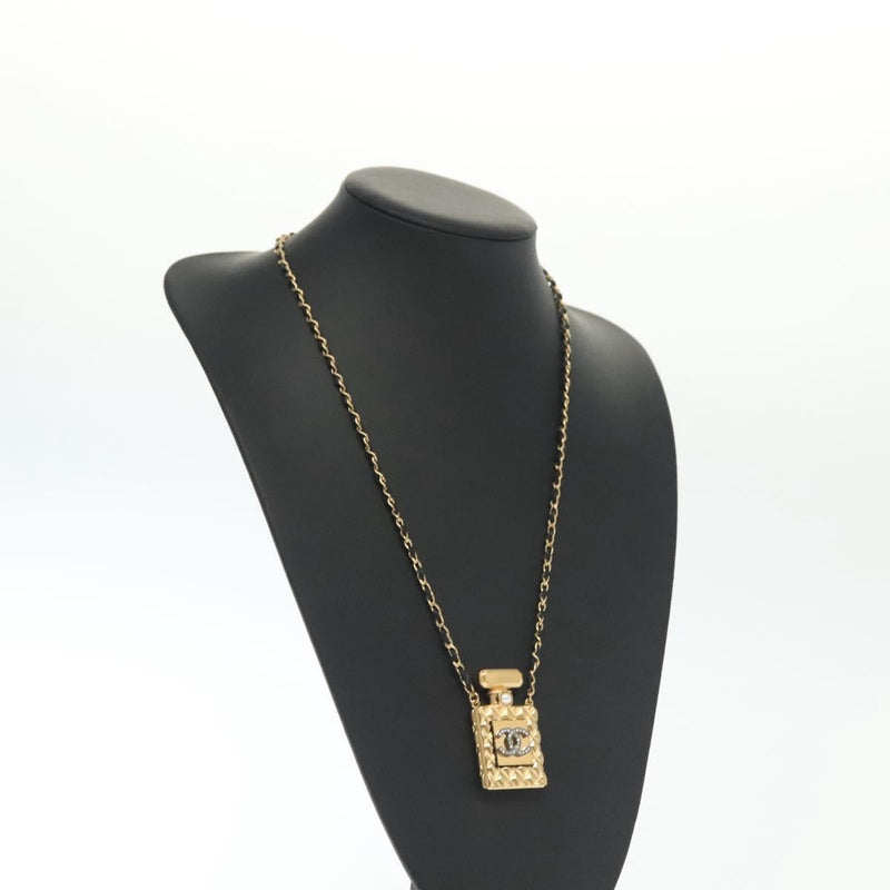 Chanel Cc Perfume Bottle Pendant Chain Long Metal With Leather, Crystals And Faux Pearl Gold Bijoux