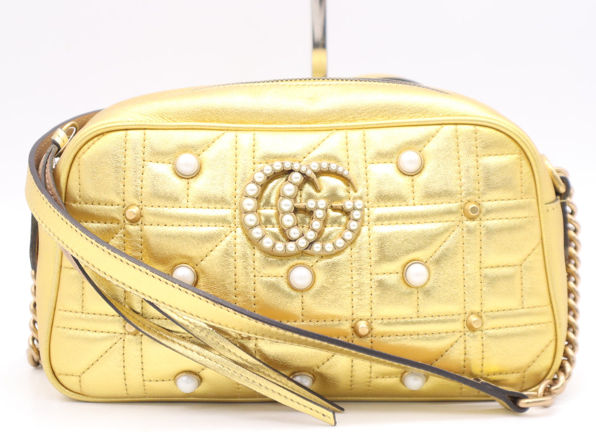 Gucci Pearly Gg Marmont Embellished Matelasse Leather Gold Bag