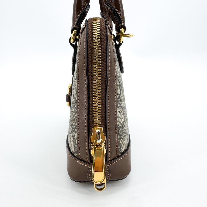 Gucci Horsebit 1955 Top Handle Gg Coated Canvas With Leather Brown Bag