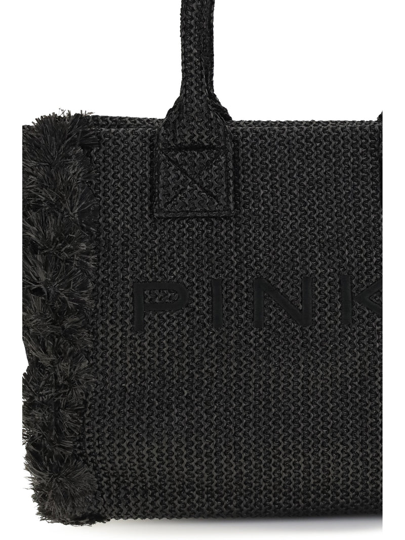 Pinko Raffia With Fringed Details Tote Bag — Black