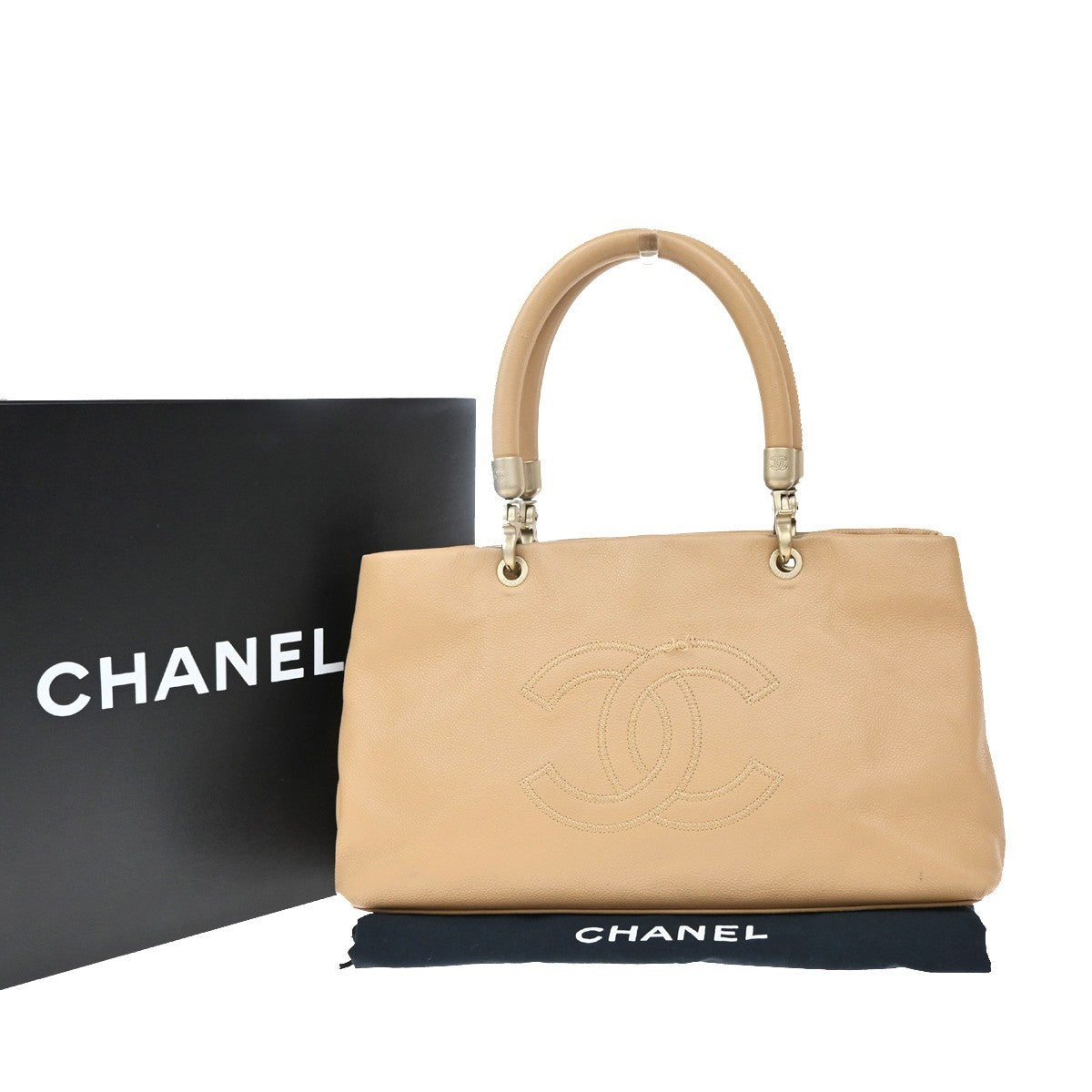 Chanel Vintage Handle Cc Caviar Beige Leather Bag