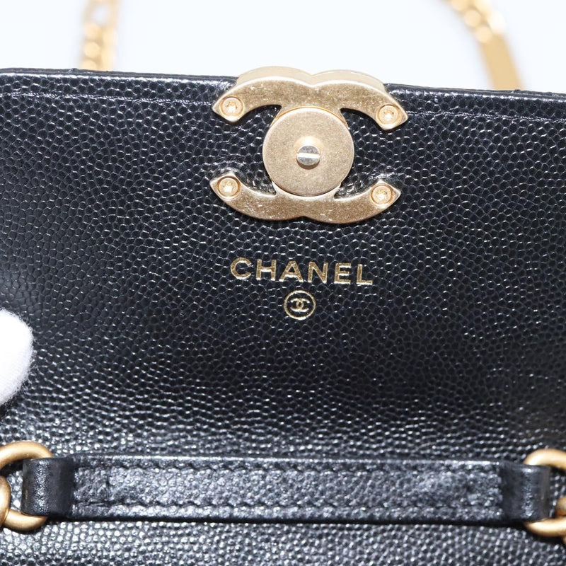 Chanel Plate Logo Cc Flap Card Holder On Chain Quilted Caviar Black Leather Bag