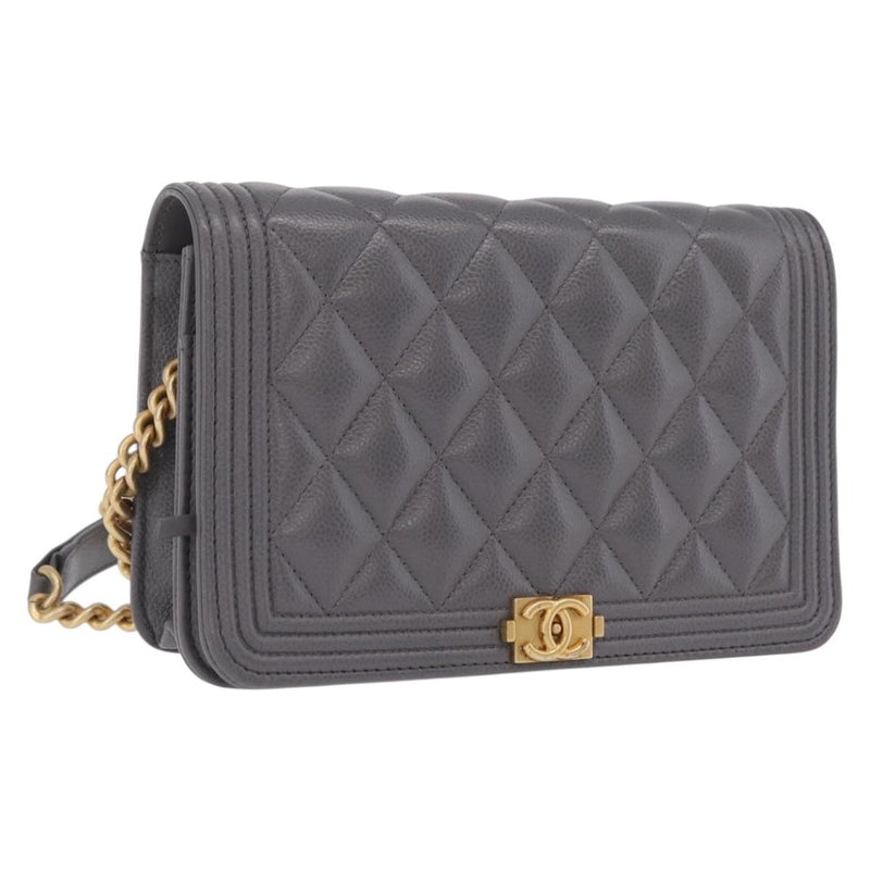 Chanel Boy Wallet On Chain Quilted Caviar Gray Leather Bag