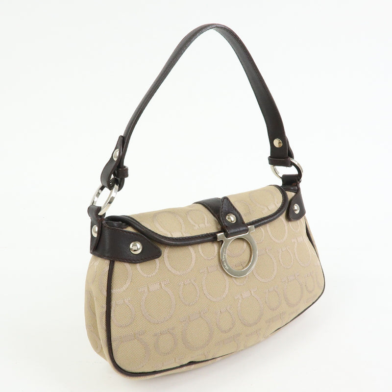 Salvatore Ferragamo Gancini Handle Leather Beige Canvas Bag