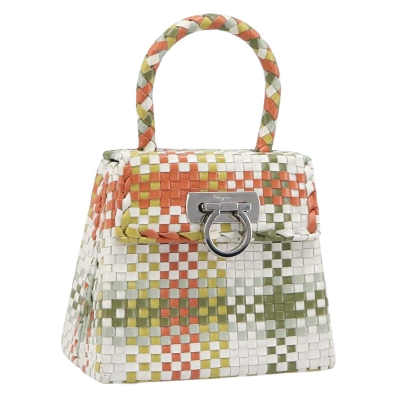 Salvatore Ferragamo Gancini Top Handle Woven Leather Multicolour Bag