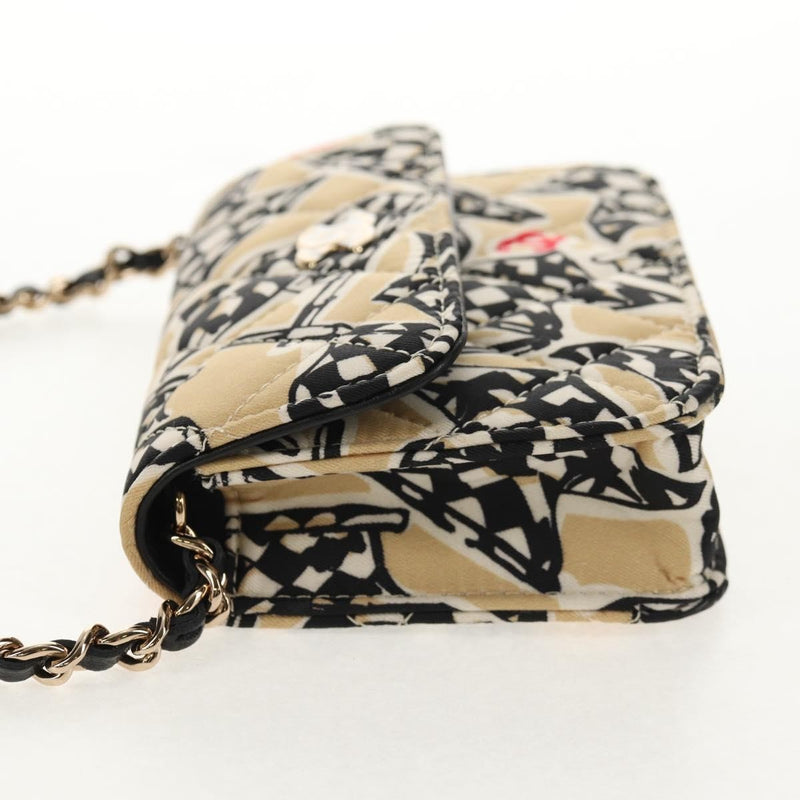 Chanel Flap Card Holder On Chain Quilted Printed Canvas Beige Satin Bag