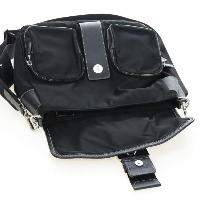 Prada Double Pocket Buckle Flap Tessuto And Leather Black Nylon Bag