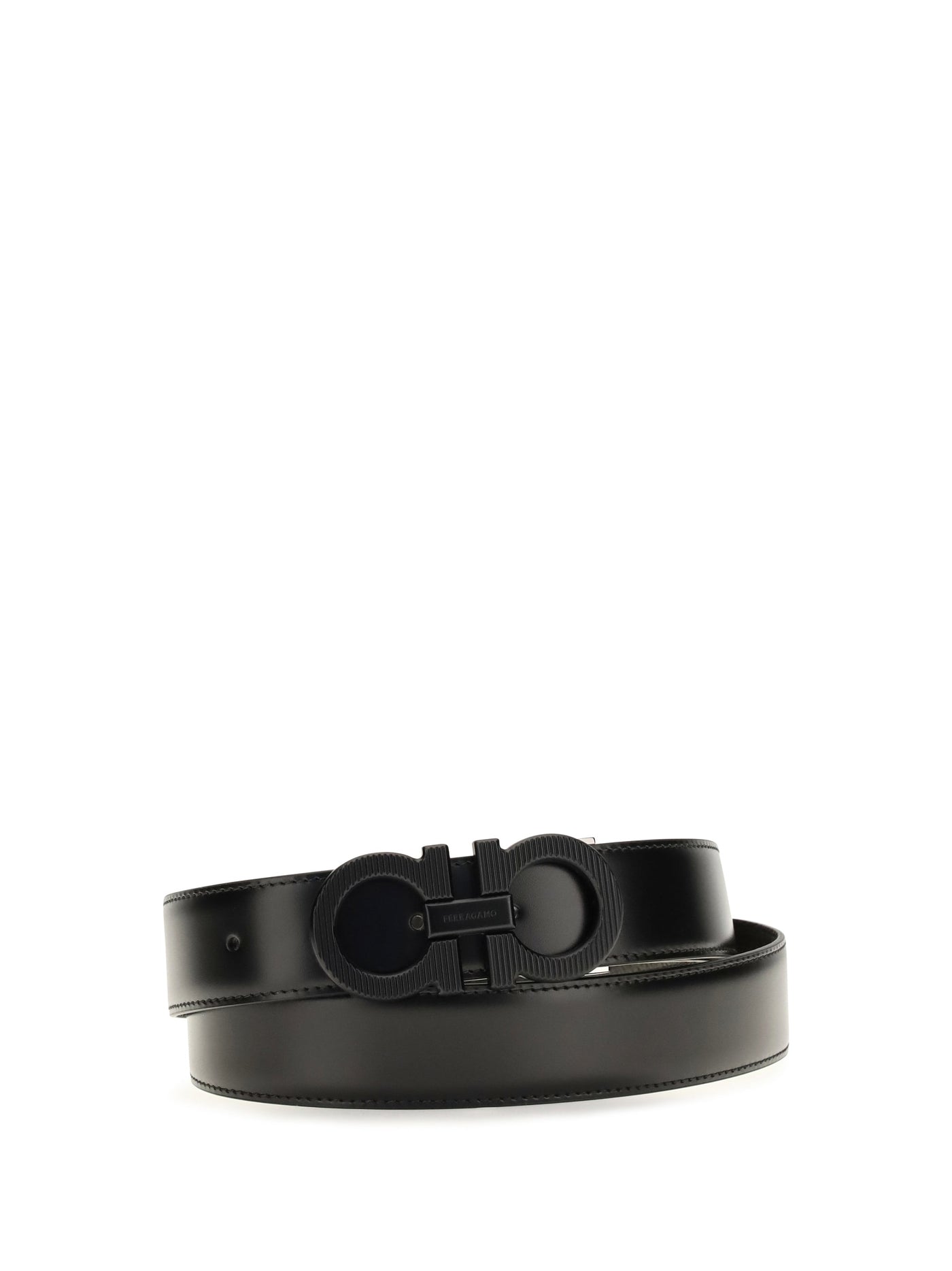 Ferragamo Reversible Textured Gancini Buckle Belt — Black Calf Leather Bos Taurus