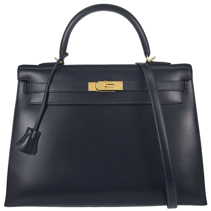 Hermes Kelly Blue Box Calf With Gold Hardware Calfskin Bag