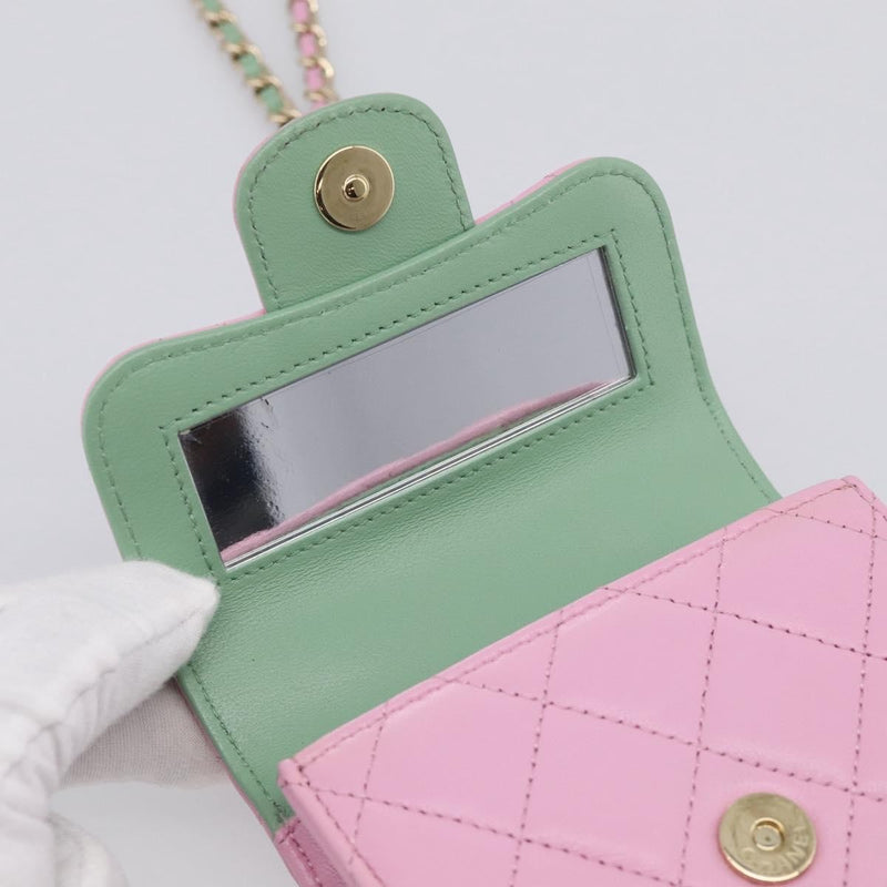 Chanel Square Classic Flap Top Handle Clutch With Chain Quilted Lambskin Pink Leather