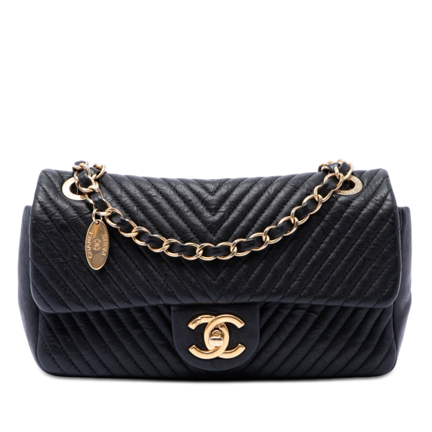 Small Chevron Wrinkled Calfskin Medallion Charm Surpique Flap - Image 1