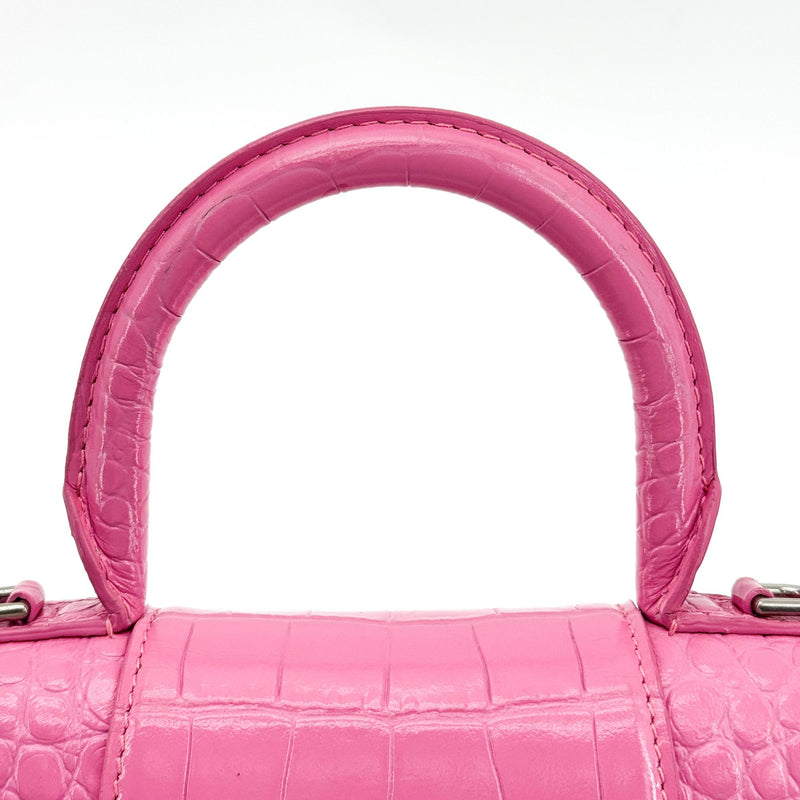 Balenciaga Hourglass Top Handle Crocodile Embossed Leather Pink Bag