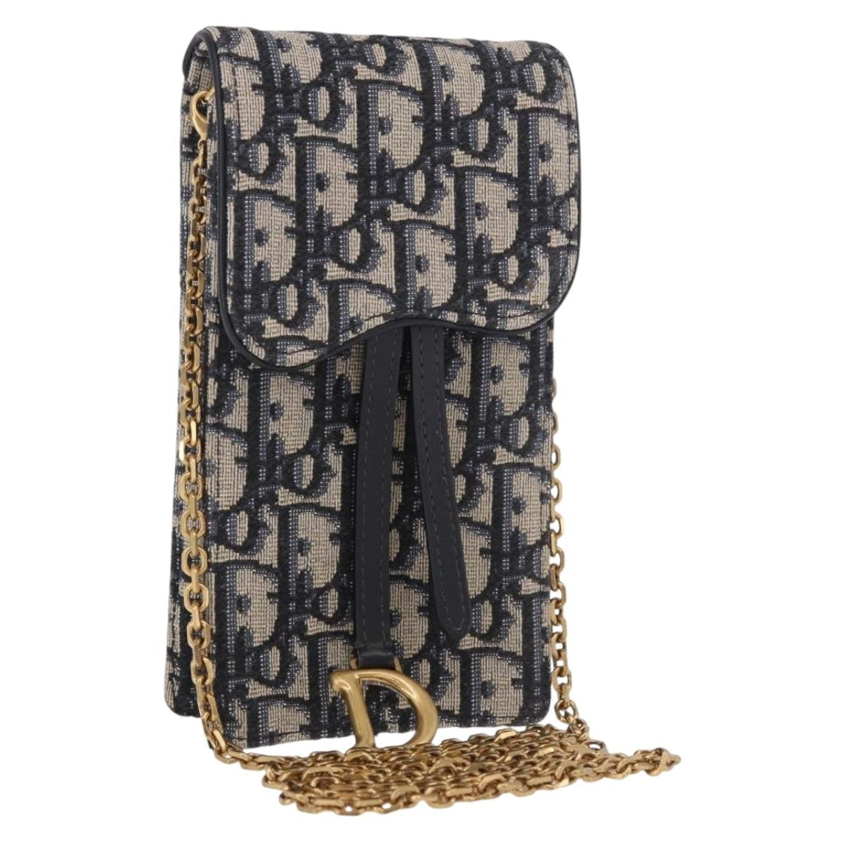 Christian Dior Vertical Saddle Chain Oblique Canvas Navy Bag