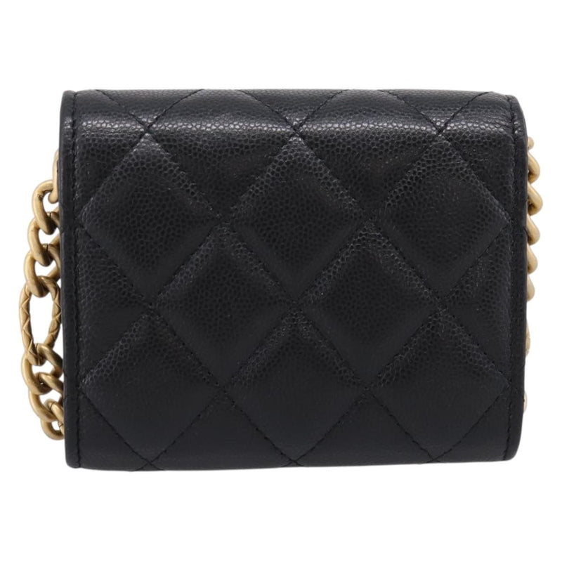 Chanel Plate Logo Cc Flap Card Holder On Chain Quilted Caviar Black Leather Bag