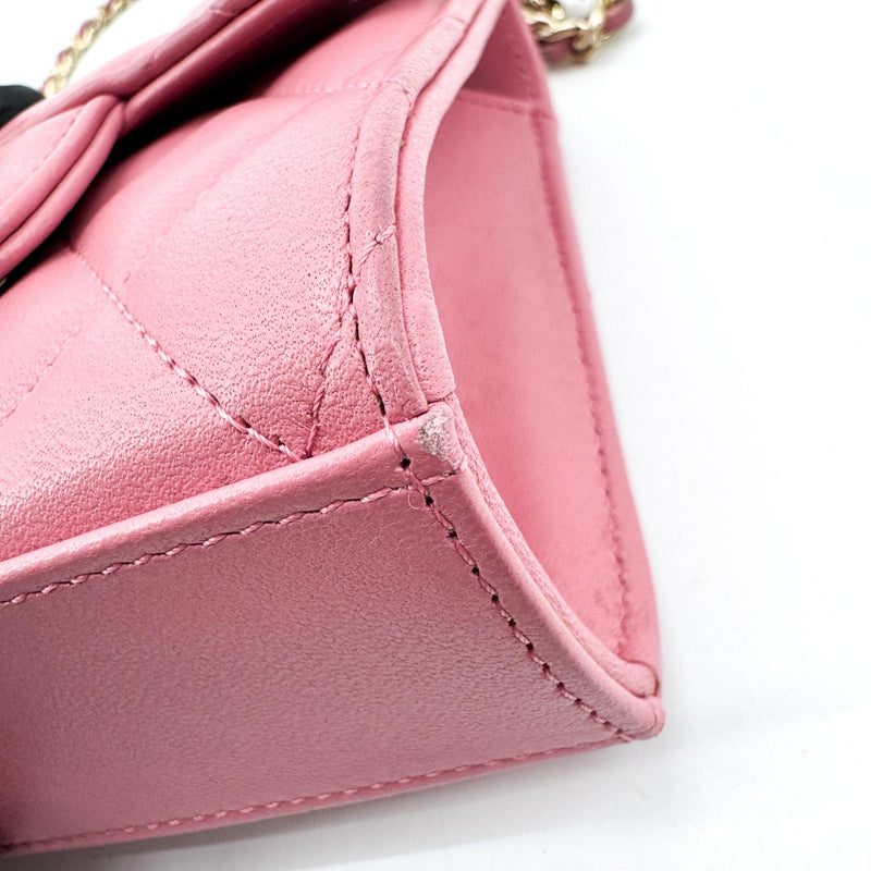 Chanel Square Classic Flap Top Handle Clutch With Chain Quilted Lambskin Pink Leather