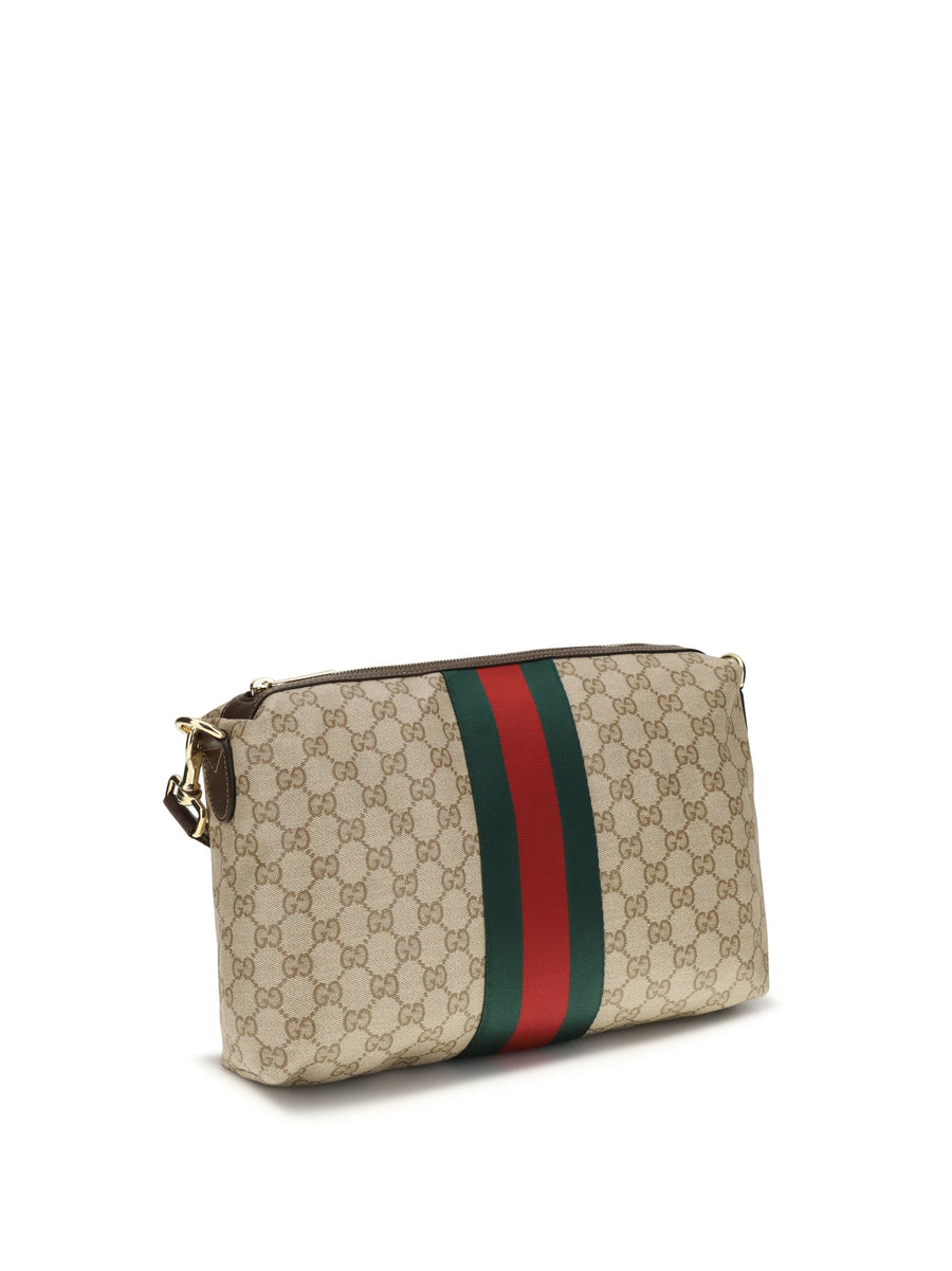 Gucci Coated Gg Canvas Web Stripe Shoulder Bag — Beige Fabric