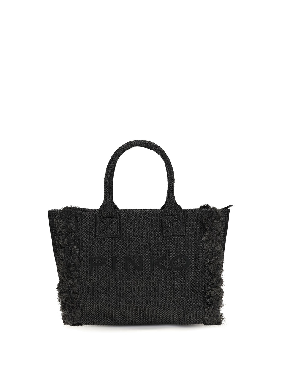 Pinko Raffia With Fringed Details Tote Bag — Black