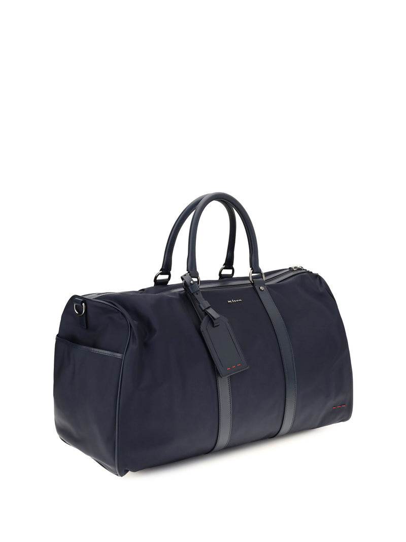 Kiton Leather-Trim Nylon Duffle Bag — Navy