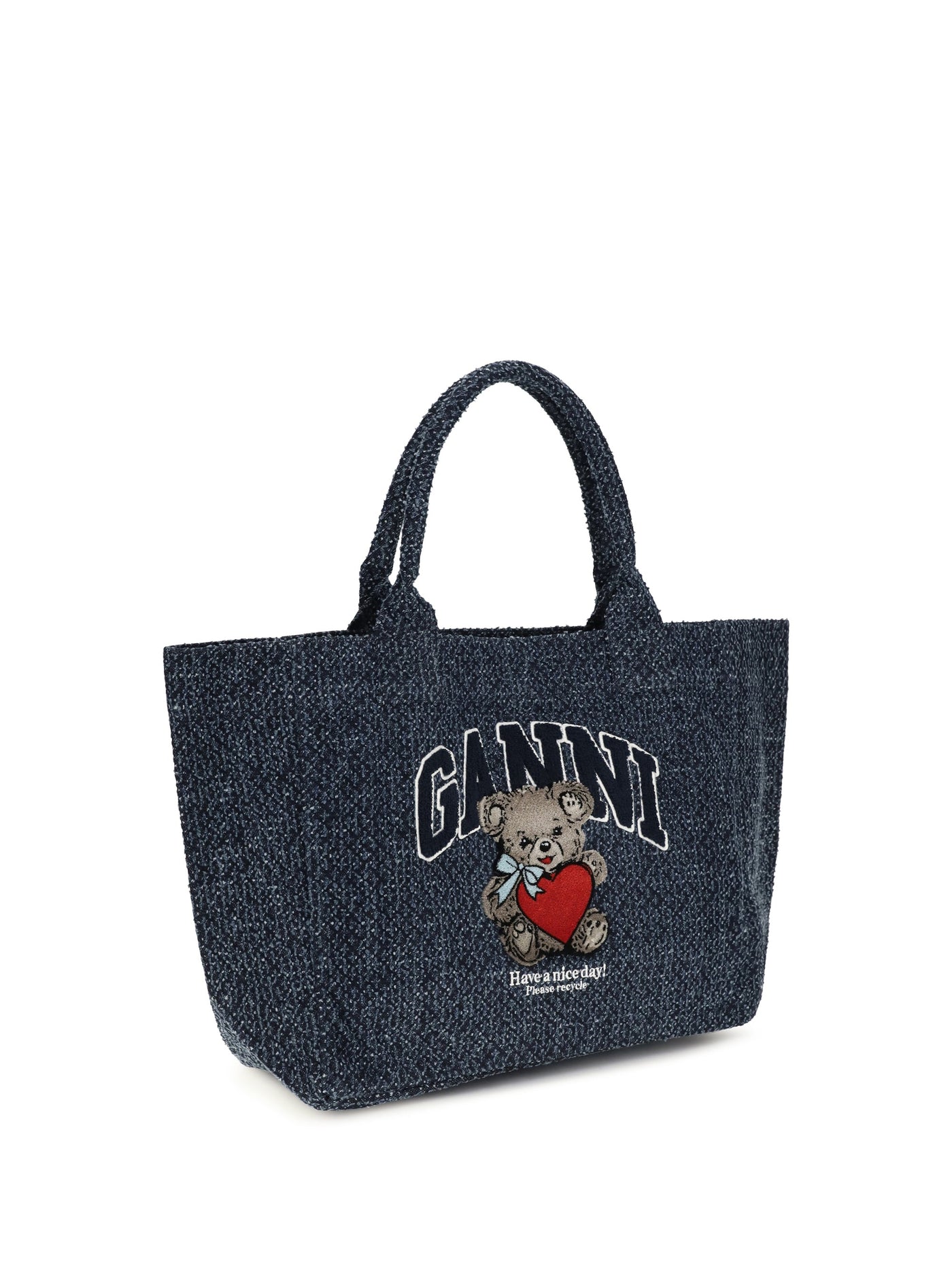 Ganni Embroidered Teddy Bear Denim Tote Bag — Navy Cotton