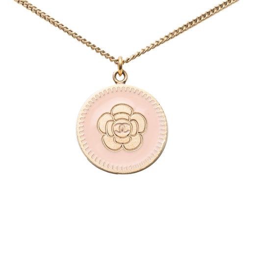 CC Gold Plated Enamel Camellia Round Pendant Necklace - Image 1