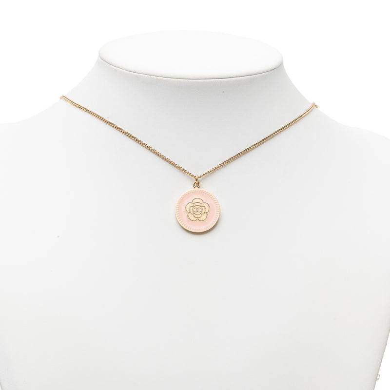 CC Gold Plated Enamel Camellia Round Pendant Necklace - Image 5