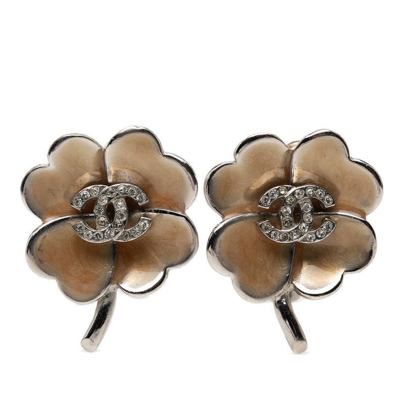 CC Brass Enamel and Strass Clover Clip On Earrings