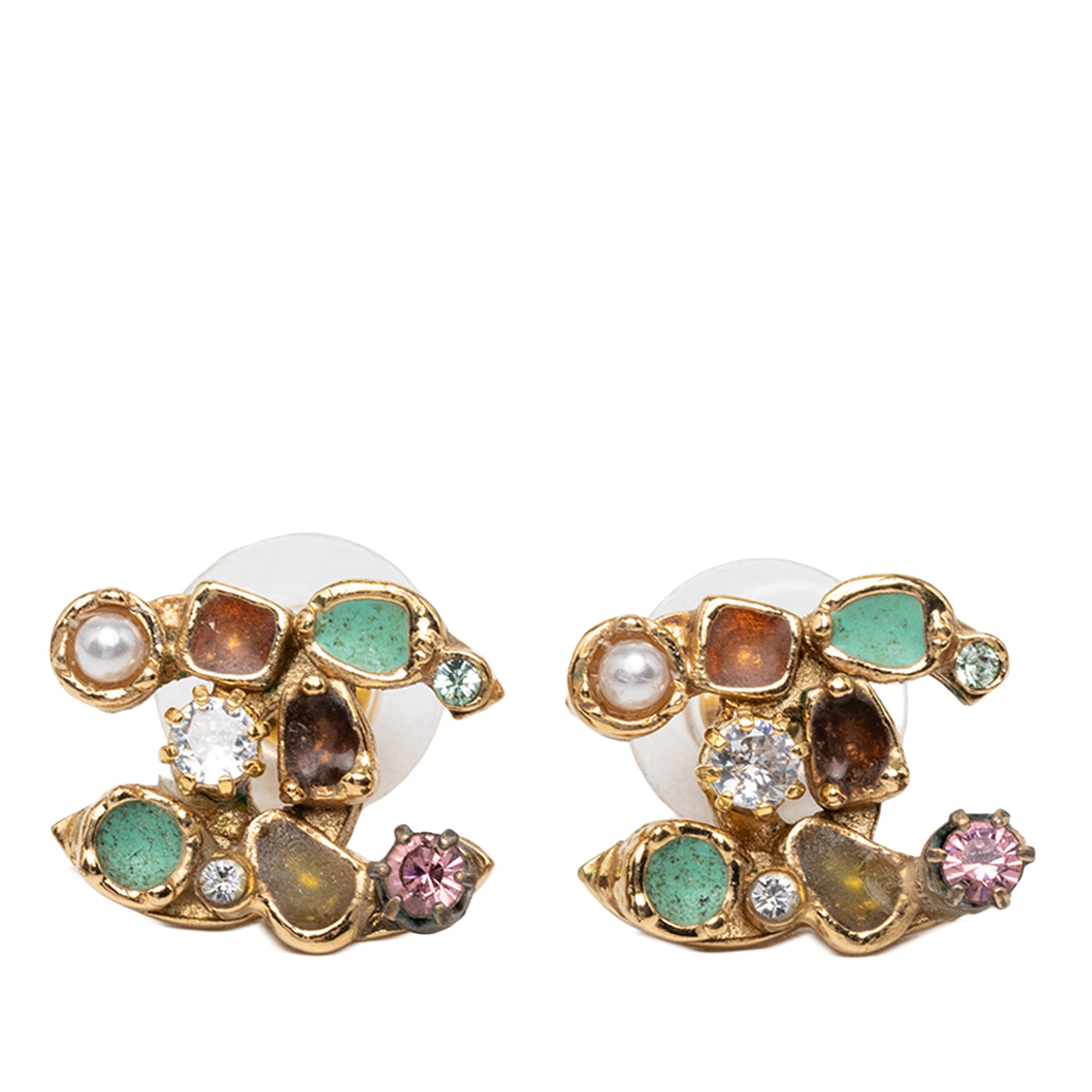 CC Gold Plated Strass Faux Pearl Resin Embellished Bullet Back Earrings - Image 1