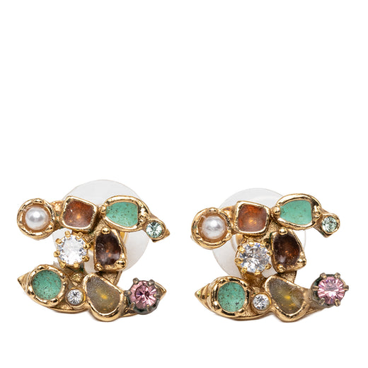 CC Gold Plated Strass Faux Pearl Resin Embellished Bullet Back Earrings - Image 1