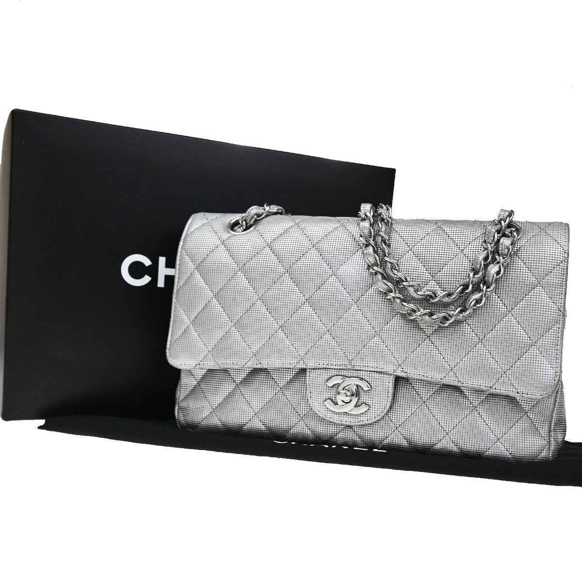 Chanel Classic Timeless Double Flap Pixel Effect Quilted Calfskin Silver Leather Bag