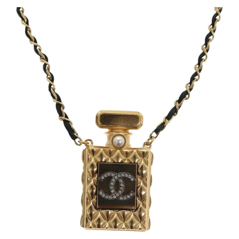 Chanel Cc Perfume Bottle Pendant Chain Long Metal With Leather, Crystals And Faux Pearl Gold Bijoux