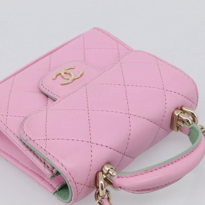Chanel Square Classic Flap Top Handle Clutch With Chain Quilted Lambskin Pink Leather