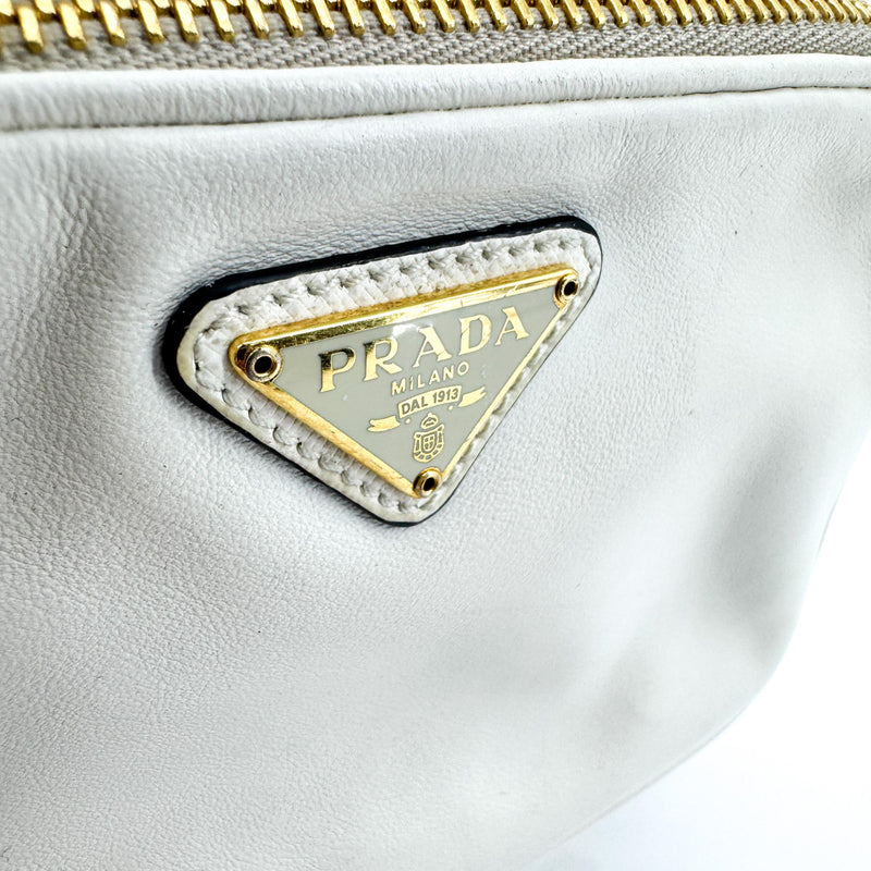 Prada Duet Drawstring Bucket Leather White Bag