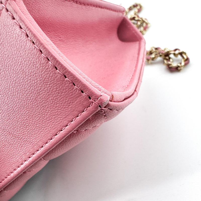 Chanel Square Classic Flap Top Handle Clutch With Chain Quilted Lambskin Pink Leather