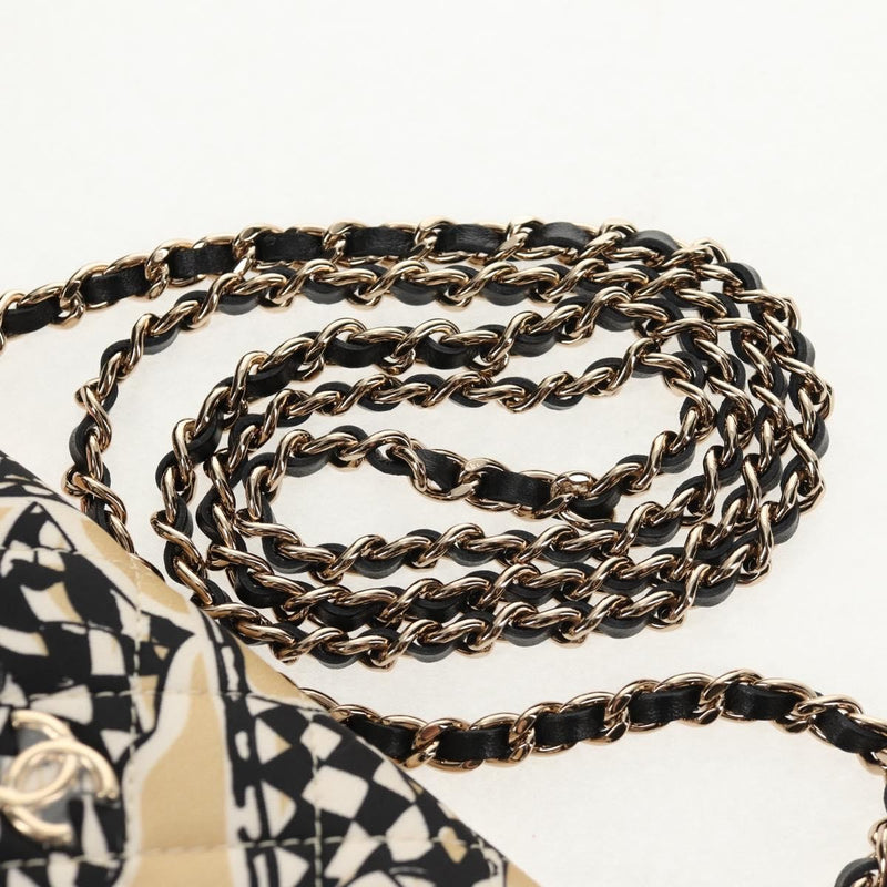 Chanel Flap Card Holder On Chain Quilted Printed Canvas Beige Satin Bag
