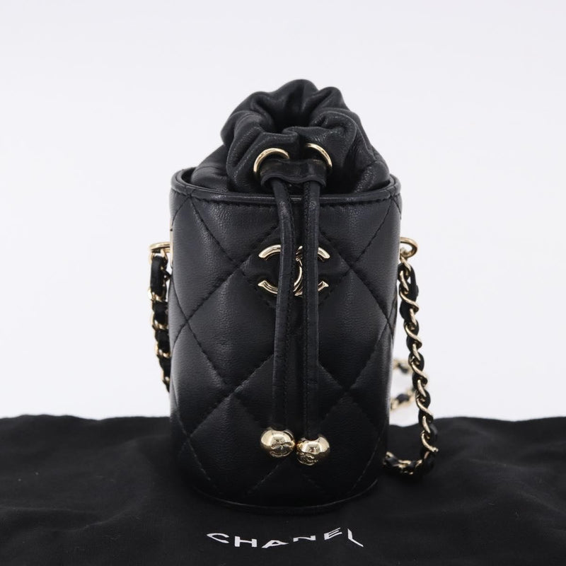 Chanel Drawstring Bucket With Chain Quilted Lambskin Black Leather Bag
