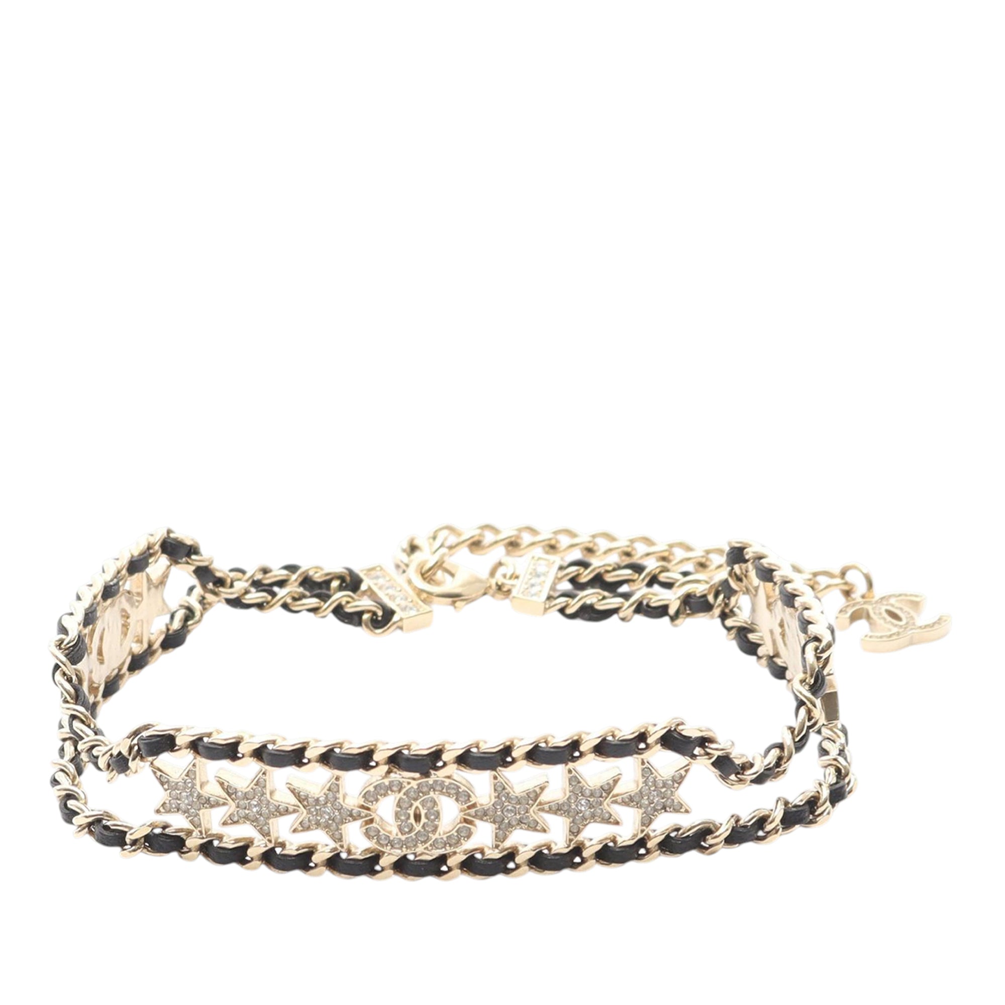 Gold Plated Leather Woven CC Rhinestone Star Choker Necklace - Image 1