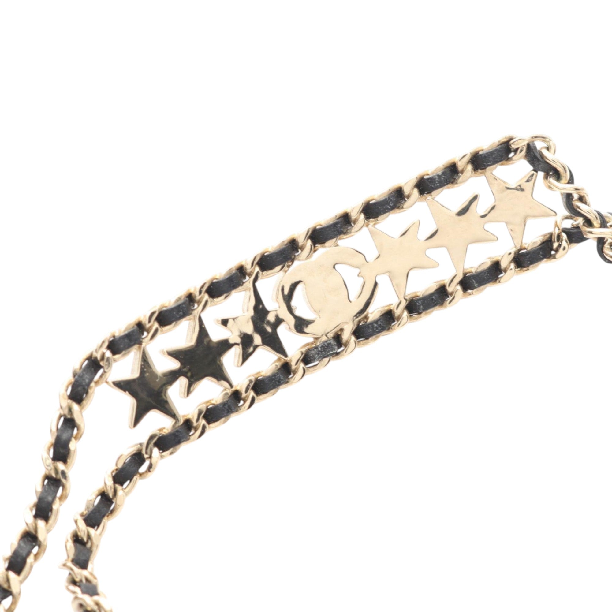 Gold Plated Leather Woven CC Rhinestone Star Choker Necklace - Image 2