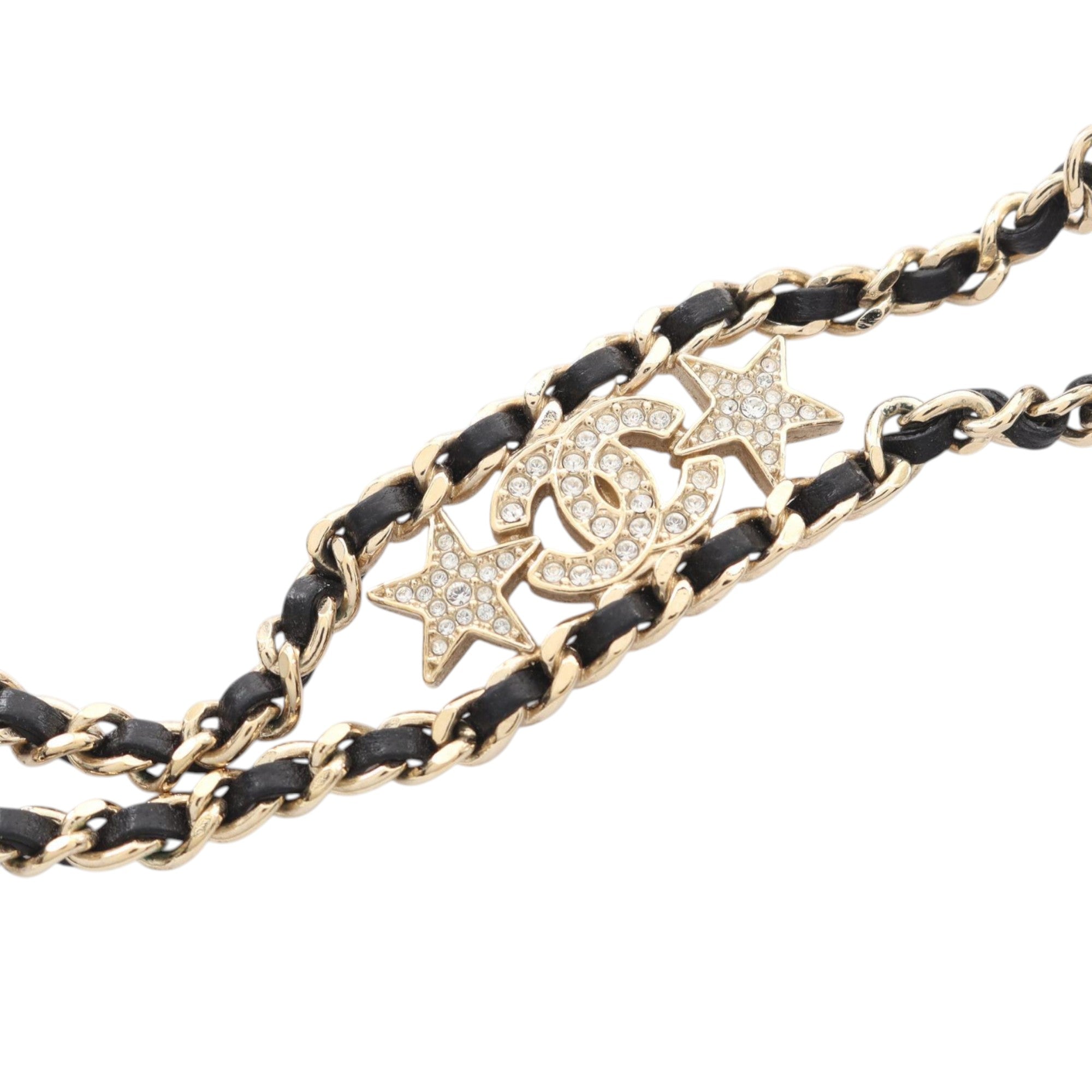 Gold Plated Leather Woven CC Rhinestone Star Choker Necklace - Image 3