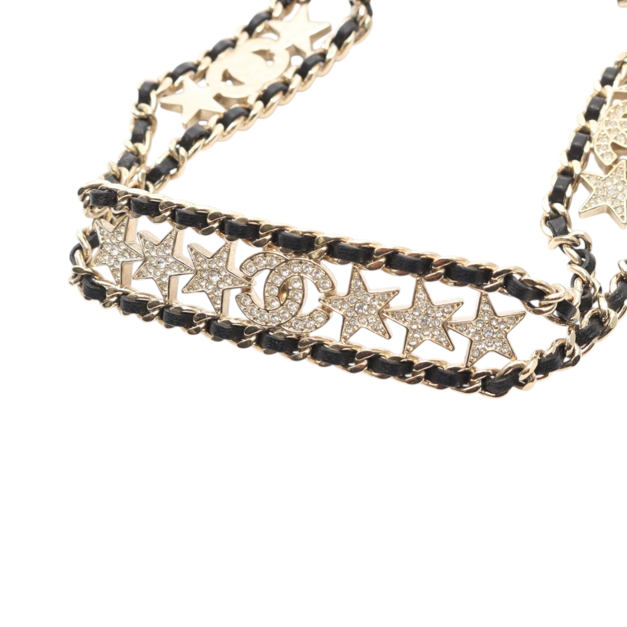 Gold Plated Leather Woven CC Rhinestone Star Choker Necklace - Image 4