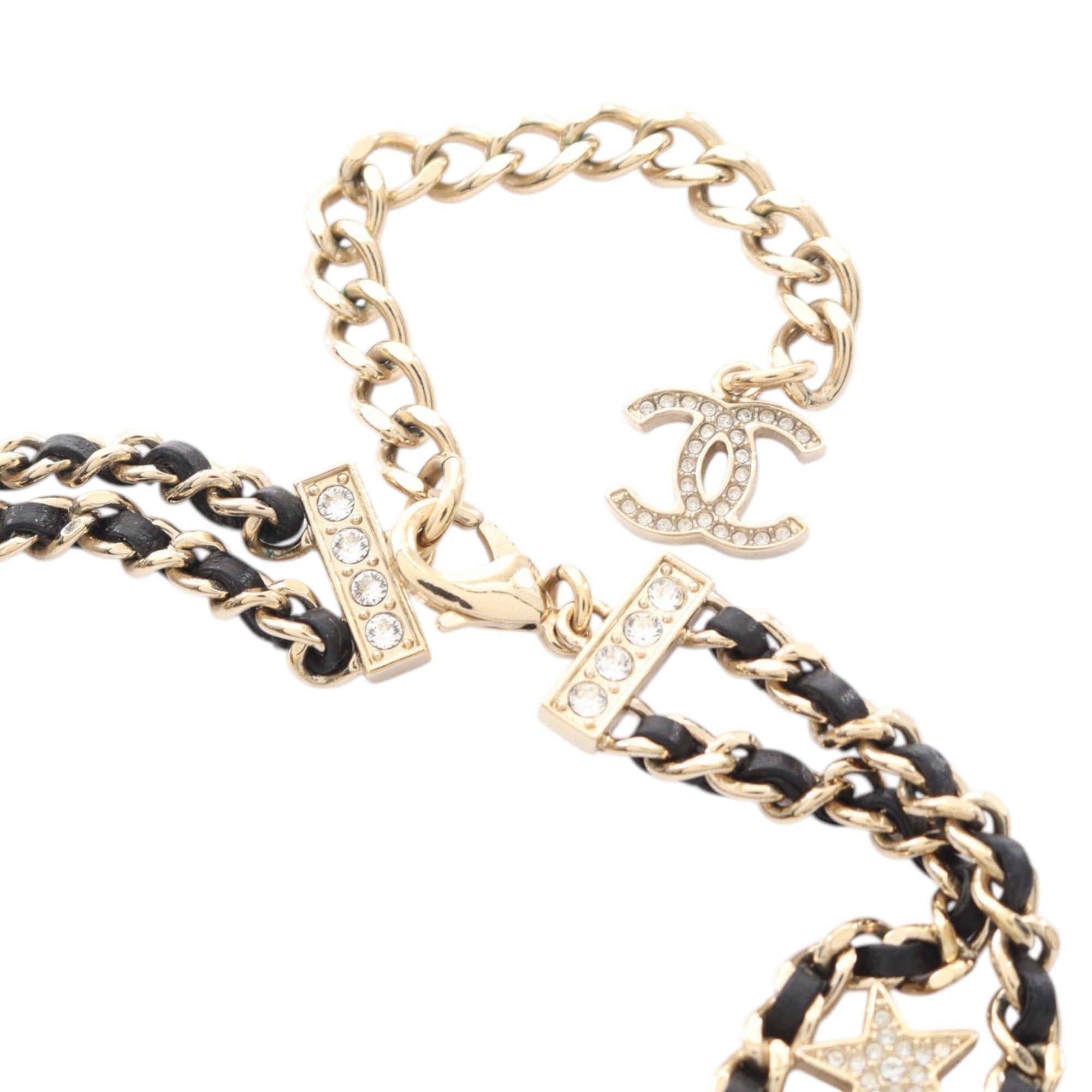 Gold Plated Leather Woven CC Rhinestone Star Choker Necklace - Image 5