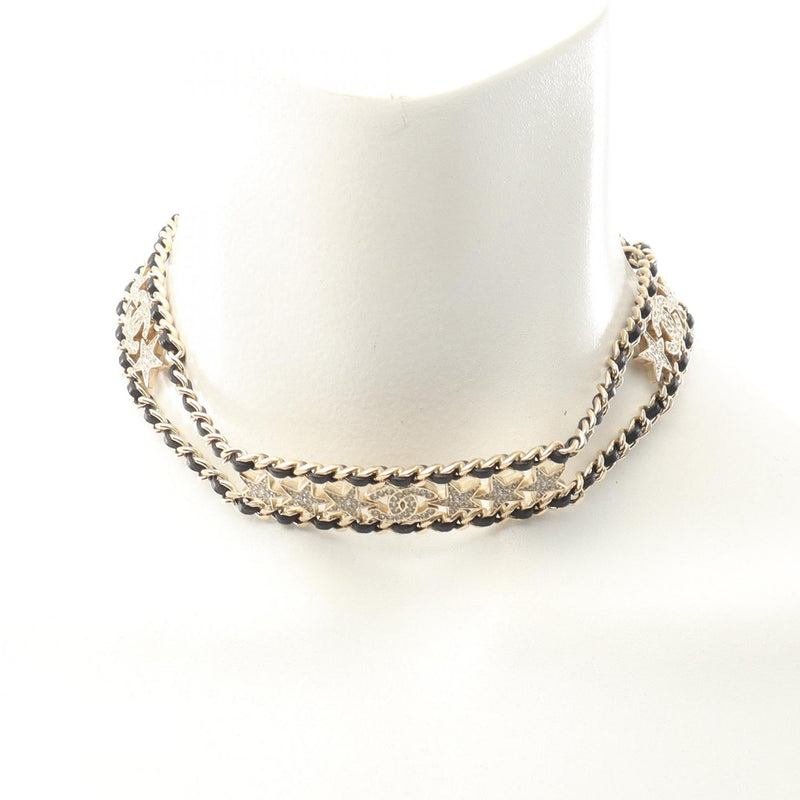 Gold Plated Leather Woven CC Rhinestone Star Choker Necklace - Image 8